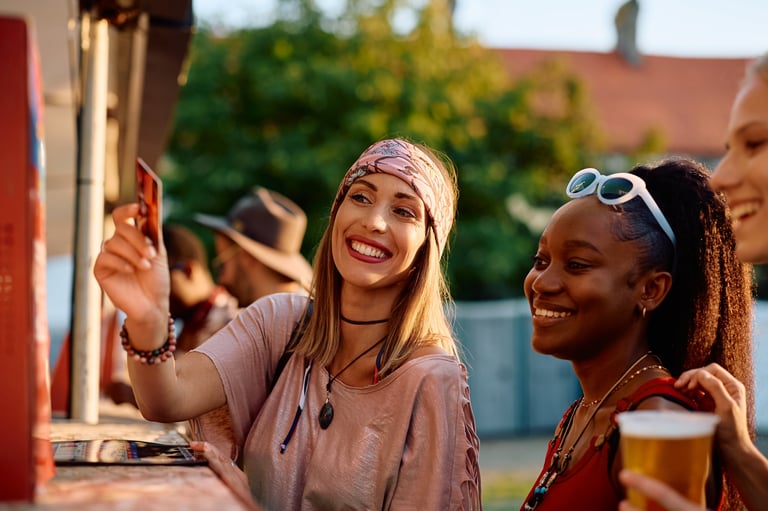 Guest tapping contactless to pay while out with friends at a London nightlife venue