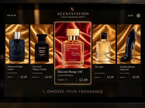 Scentstation luxury fragrance display showing perfume bottles with prices