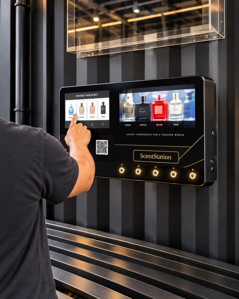 Customer using ScentStation interactive touchscreen kiosk to select luxury fragrances in a retail showroom