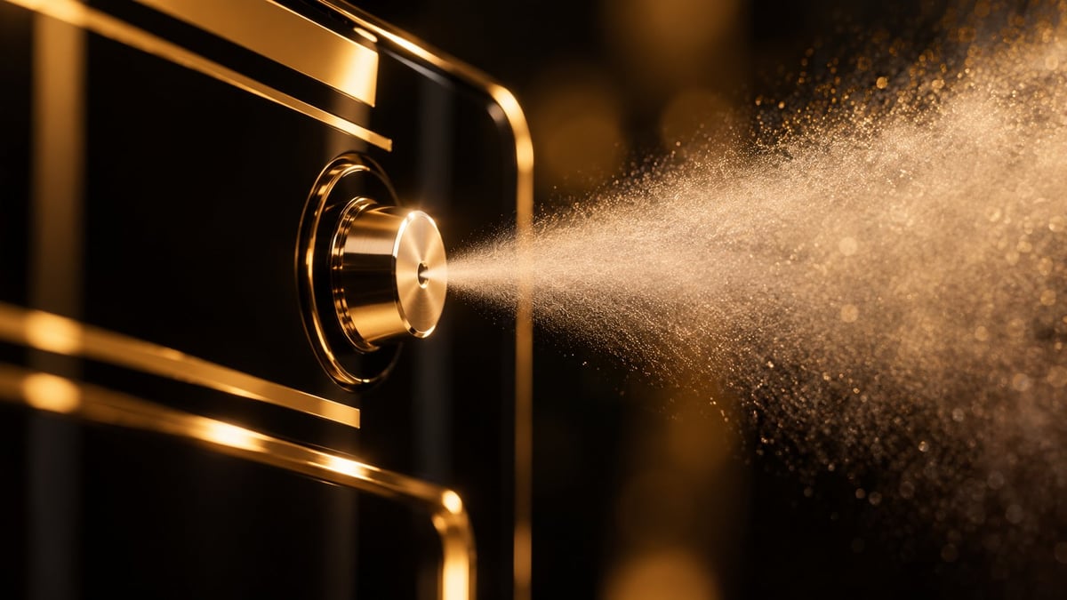 Gold and black luxury perfume atomizer spraying fragrance mist against a dark blurred background