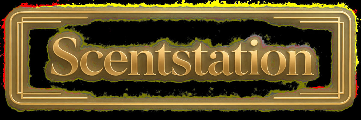 Scentsation logo with gold text on black background in ornate gold frame