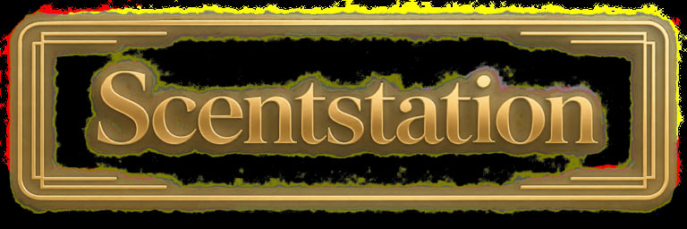 Scentsation logo with gold text on black background in ornate gold frame