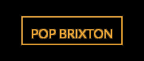 Pop Brixton logo with gold text in rectangular border on black background