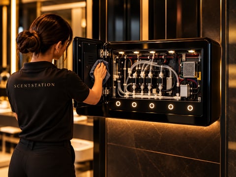 Woman in black uniform operating an interactive scent dispensing machine at a retail location