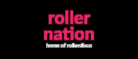 Roller Nation logo with pink text reading roller nation and white tagline home of rollerdisco on black background