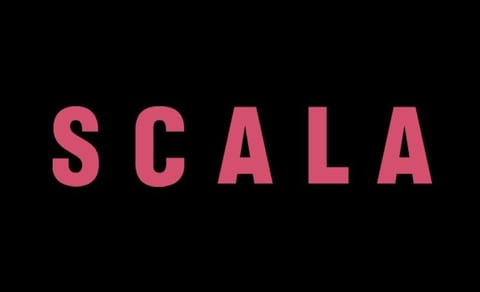 The word SCALA in large pink capital letters on a black background