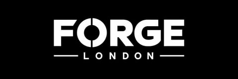 Forge London logo featuring white text on black background with a circular design element