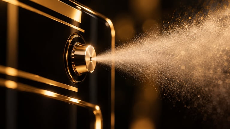 Gold perfume atomizer spraying a fine mist against a dark blurred background