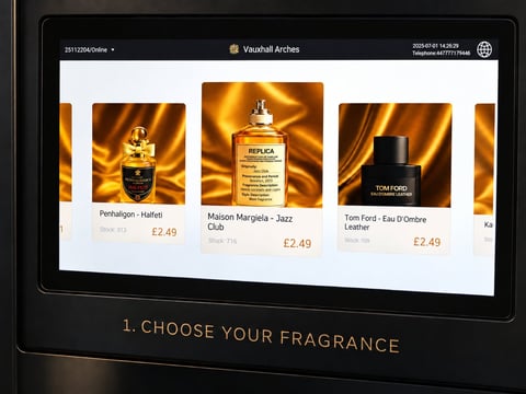 Digital display showing fragrance products with prices, labeled Choose Your Fragrance