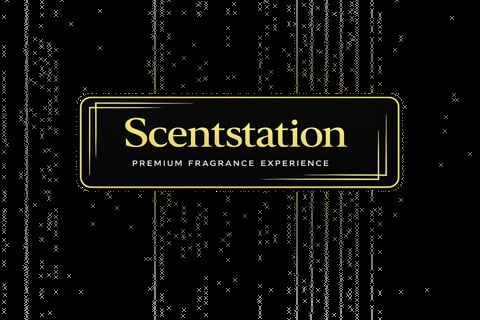 Scentstation premium fragrance experience logo in gold text on black background with digital pattern