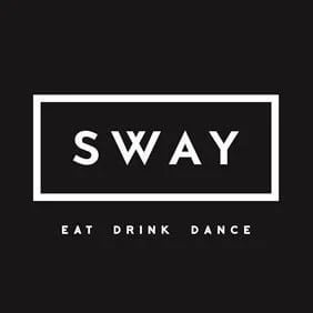 SWAY logo with tagline Eat Drink Dance on black background