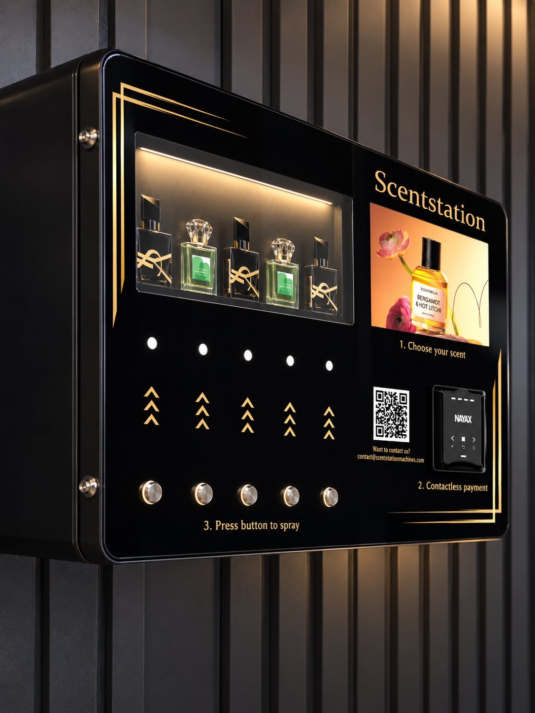Black and gold Scentstation fragrance vending machine with product display window and spray buttons mounted on wall