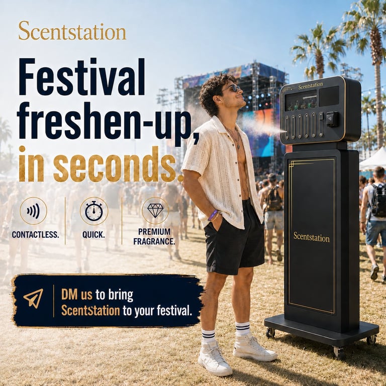 Man using Scentstation fragrance dispenser at outdoor festival with palm trees and crowds in background