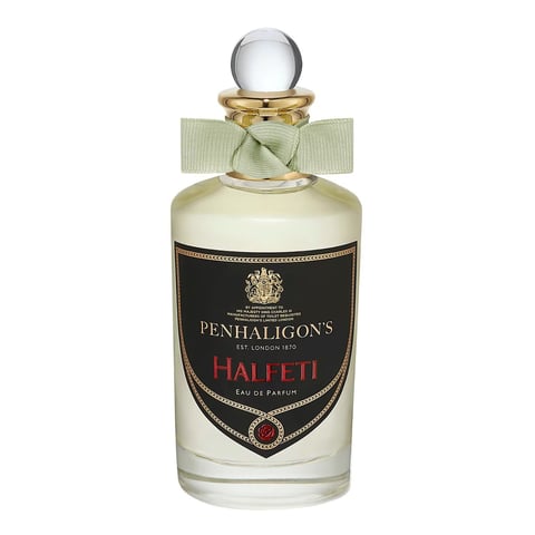 Penhaligons Halfeti eau de parfum bottle with crystal stopper and pale green ribbon bow