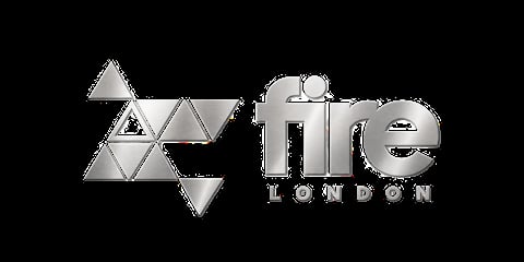 The London logo featuring geometric triangles and silver metallic text on black background